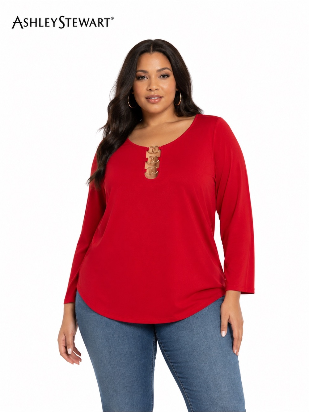 Ashley Stewart Red Plus Size 22/24 Ring Detail Blouse Long Sleeve Tunic Top NWT